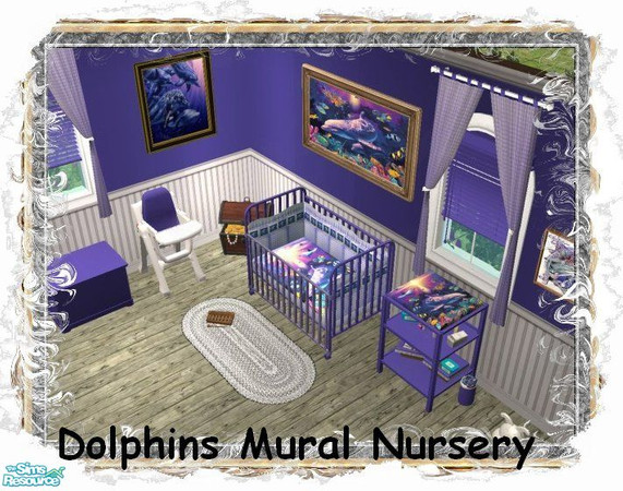 Sims 2 — Purple Dolphins Mural  Nursery by MinnieMinPin — 6 Files ~ Crib & Bedding, Changing Table, Toybox,
