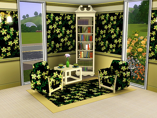 Sims 3 — marcorse_chain of daisies pattern by marcorse — Yellow daisies, green stems and leaves on a black backing - this