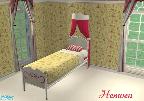 Sims 2 — Whimsical Girls Bed by Henwen — White bed with red accents.