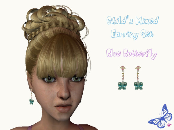 Sims 2 — Child\'s Mixed Earring Set - Blue Butterfly by sinful_aussie — Blue butterfly earrings for female children.