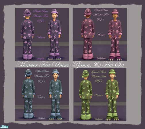Sims 2 — Paws Monster Feet PJ\'s and Hats Set by sallyhails — Recolour of Maxis Cubbie Paws Pjamas & matching Hats.