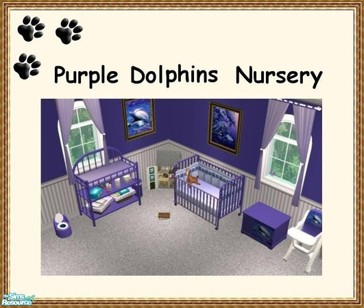 Sims 2 — Purple Dolphins Nursery by MinnieMinPin — 10 Files ~ Crib Bedding & Frame, Changing Table, Highchair,