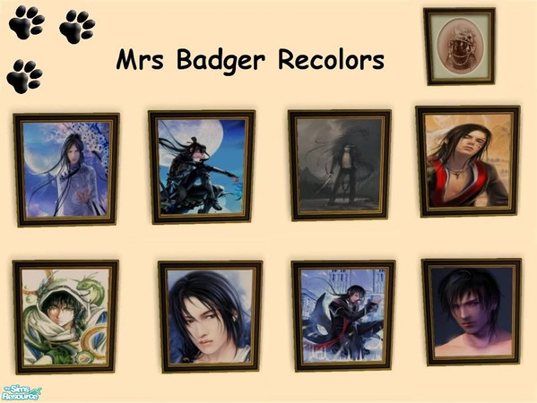 Sims 2 — Mrs Badger Recolors 6 by MinnieMinPin — 8 Prints ~ Found under the portrait of the female badger. 2 Tiled.