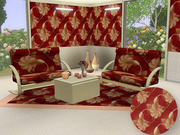 Sims 3 — marcorse_bold red pattern by marcorse — A textured, bold, deep red and gold floral design, complete with leaves