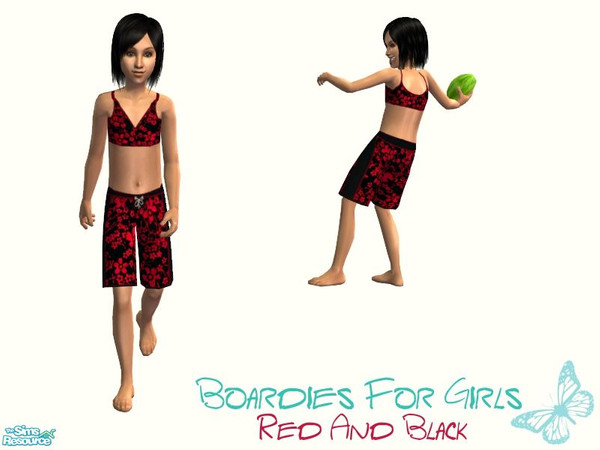 Sims 2 — Boardies For Girls - Red And Black by sinful_aussie — Red and Black flower board shorts and bikini top set. You