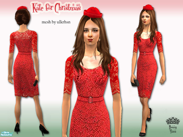 Sims 2 — Kate For Christmas: Red Lace Dress by BunnyTSR — Inspired by the glamorous red French floral lace dress by