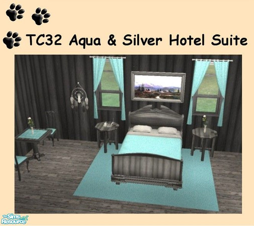 Sims 2 — TC32 Aqua & Silver Hotel Suite by MinnieMinPin — 3 Files ~ Curtains, Bedding, and Table. Dining Chair