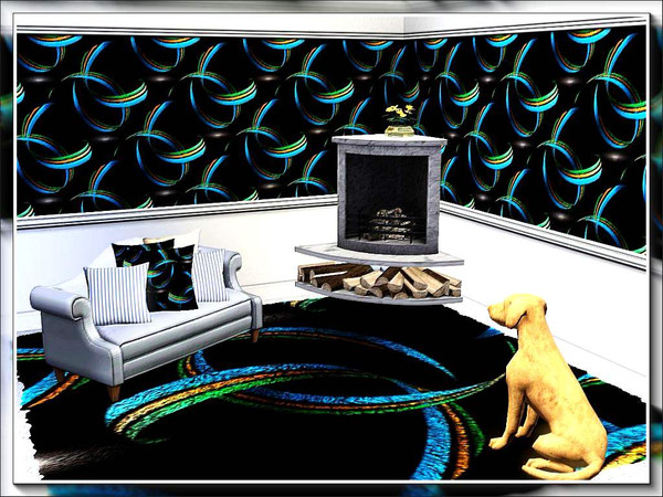 Sims 3 — marcorse_ribbon coils pattern by marcorse — Bright ribbon coils in blue, yellow and green on a black background.