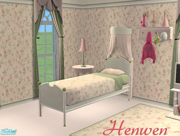 Sims 2 — Girly Girl Pink Bed by Henwen — A soft white bed with a soft pink drape.