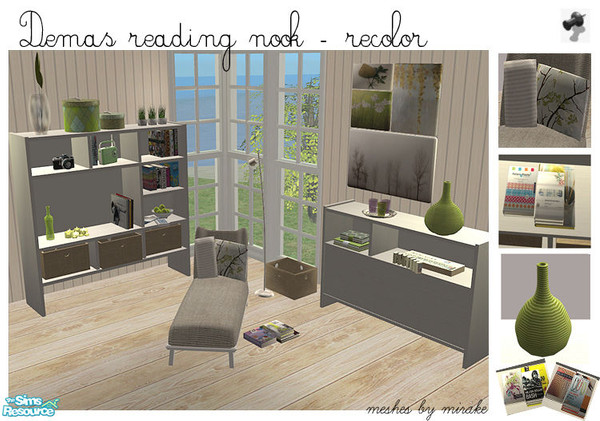 Sims 2 — Demas reading Nook recolor in white wood/green SET by linasometimes — mirake\'s \"Demas reading nook\"