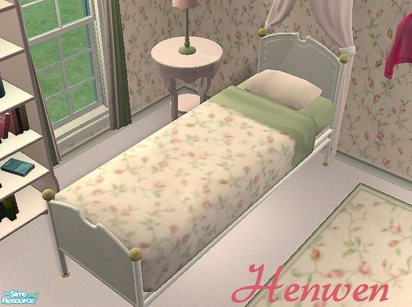 Sims 2 — Little Girls Pink Bedding by Henwen — A soft floral bedding, matching the wallpaper and rug.