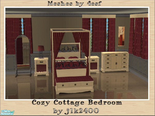 Sims 2 — Cozy Cottage Bedroom Set by jlk2400 — Burgundy recolor of 4esf\'s cottage theme bedroom set. Set inludes bed