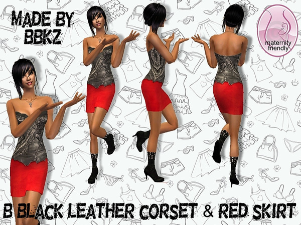 Sims 2 — B Black Leather Corset & Red Skirt by BBKZ — Balmain inspired. Available as everyday/formal for YAs/adults.