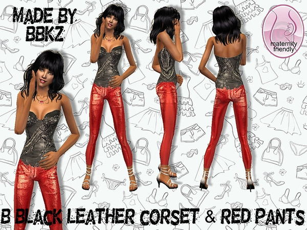 Sims 2 — B Black Leather Corset & Red Pants by BBKZ — Balmain inspired. Available as everyday/formal for YAs/adults.