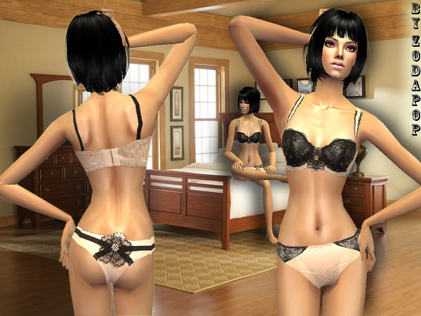 Sims 2 —  by zodapop — Cream bra and panties with black lace.