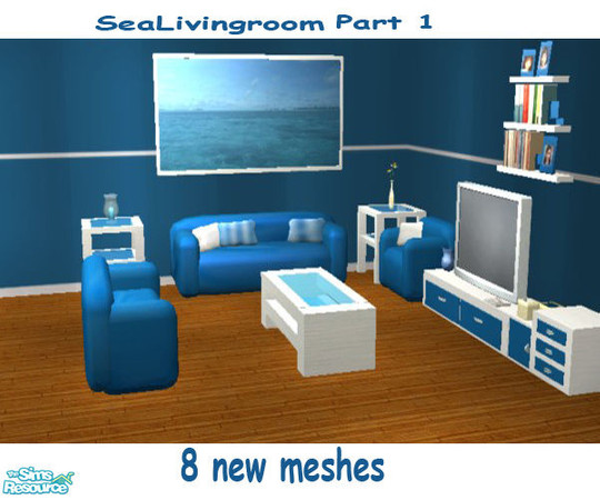 Sims 2 — Sea LivingRoom -Part 1 by qth11 — A calm and relaxing livingroom in blue and white. Includes sofa, loveseat,