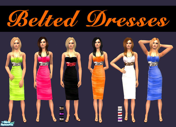 Sims 2 — Belted Dresses by 06bek — Classy or casual dresses for your sims. 4 funky colours with silver belts, 4 white and