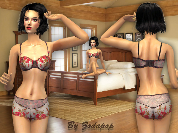 Sims 2 —  by zodapop — Grey bra and panties with red floral embellishment.