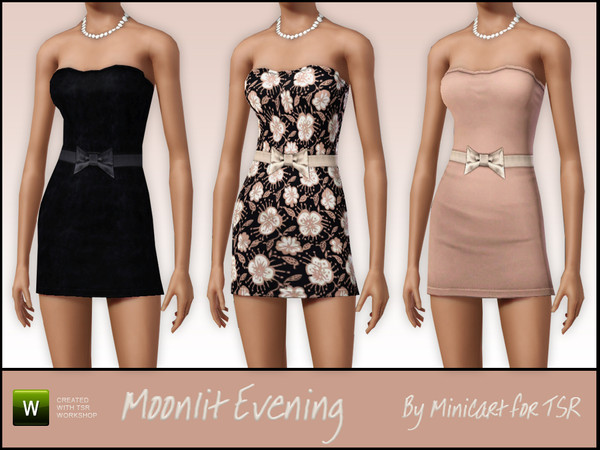 Sims 3 — Moonlit Evening by minicart — Pretty dress with silk bow and pearl necklace. Fits female young adult/adult for
