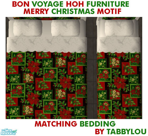 Sims 2 — TL - BVHOH MerryChristmasMotif Bedding by TabbyLou — Bedding to match these Recolors of the Bon Voyage furniture