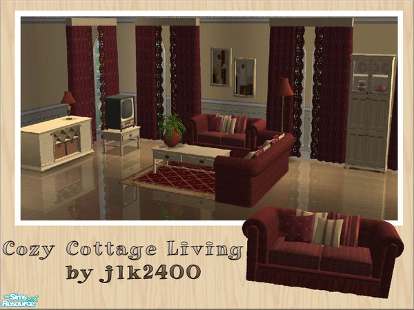 Sims 2 — Cozy Cottage Living by jlk2400 — Red living room set using 4esf cottage living room meshes. Set includes sofa,