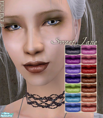 Sims 2 — Sweet Jane - Semi-Sheer Lipstick by aikea_guinea — Set of semi-sheer satiny lipsticks in 14 bold colors.