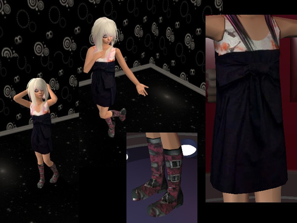 Sims 2 — Cute Petal Dress by staceylynmay2 — Black dress with big bow and white rose petals. Purple buckle boots.