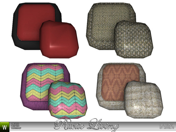 Sims 3 — Rustic Living Pillows by katelys — Two pillows with three recolorable palettes. Several versions included.