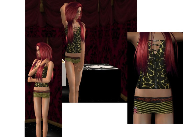 Sims 2 — Random Teen Undies - Yellow by staceylynmay2 — Yellow/Black leopard corset top. Black/yellow stripped boyleg