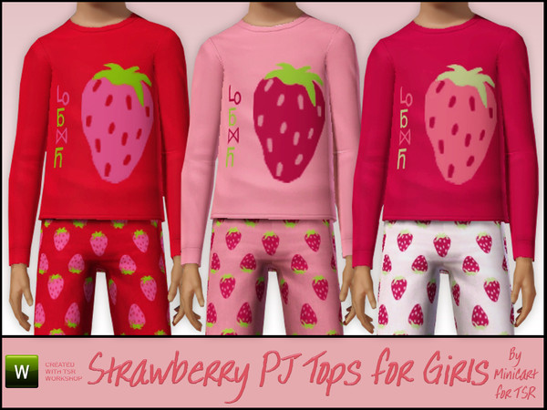 Sims 3 — Strawberry Pyjama Tops for Girls by minicart — Sweet strawberry pyjama tops for girls. Three recolourable parts