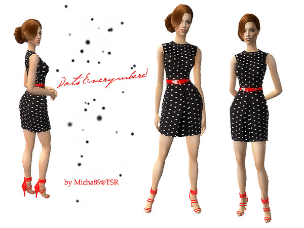 Sims 2 — \'Dots everywhere\' dress by micha89 — short everyday dress in dark navy-white dots pattern with red belt &