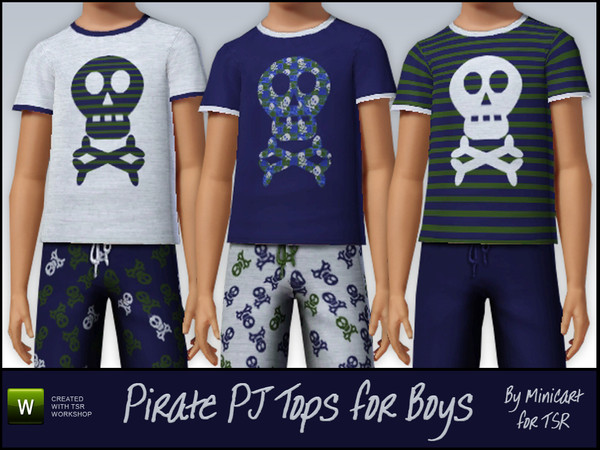 Sims 3 — Pirate Pyjama Tops for Boys by minicart — Novelty skull and crossbone pyjama tops for boys. Three recolourable