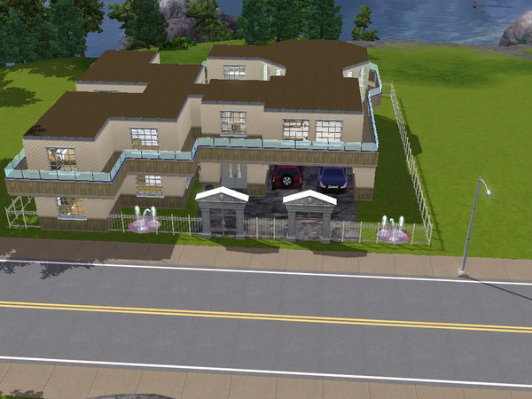 Sims 3 — Summerton by Xodess — Fully furnished 2-story house. First floor: 2-car carport, inside pool, living room,