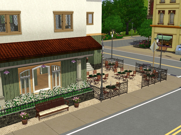 Sims 3 — Corner Bistro by ltoole — Lot includes outdoor patio, fine dining, public baths, storage room, and loft with