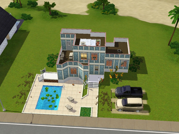 Sims 3 — Sky Blue Modern by Xodess — 1 bed/1 bath house. Nice house for a single couple. First floor: Outside pool, 2 car