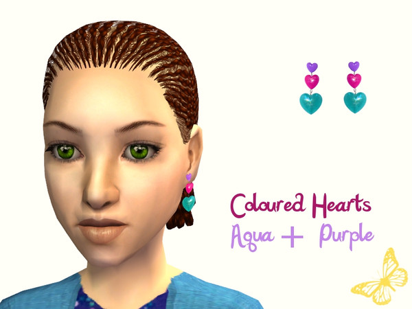 Sims 2 — Coloured Hearts - Aqua + Purple by sinful_aussie — Bright heart earrings for girls.