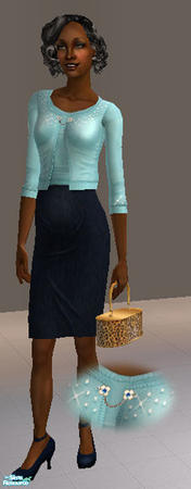 Sims 2 — Sexy Secretaries! - Aqua Sparkle w/ Blue Skirt by Shannanigan — Aqua Cardigan Sweater with Rhinestones.