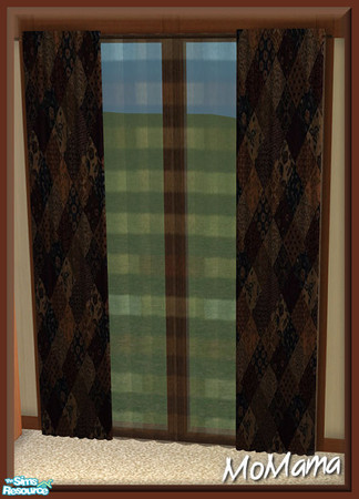Sims 2 — NK Broadbent BR - Curtain Recolor by MoMama — A curtain of brown patchwork with striped shear.