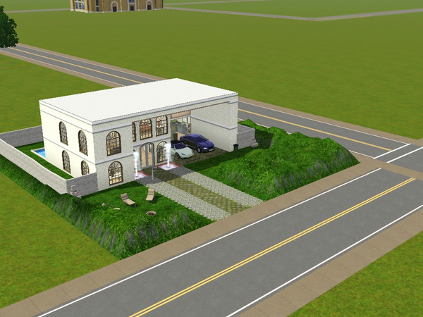 Sims 3 — Blanca by Xodess — A modern-type house with a foundation as the roof. It has 1 bedroom and 1 bath, a living