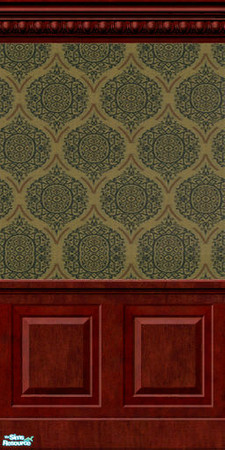 Sims 2 — Fairwinds Dark Green with Wainscoting in Dark Wood by kaate — A set of scholarly wallpapers, ideal for the