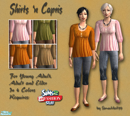 Sims 2 — Shirt \'n capris by Simaddict99 — collection of 4 shirts with denim capris. For adults, young adults and elder.