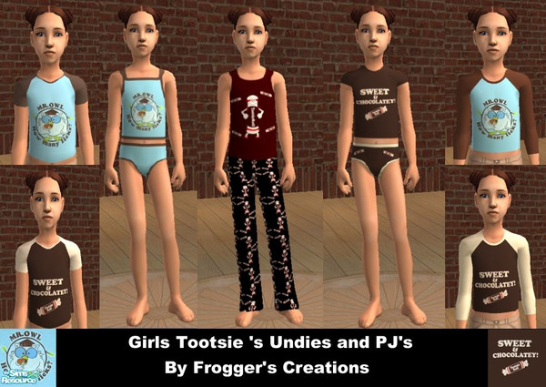 Sims 2 — Girls Tootsie T\'s , Undies, and pj\'s by frogger1617 — Tootsie roll outfits for girls. Contains four t-shirts,