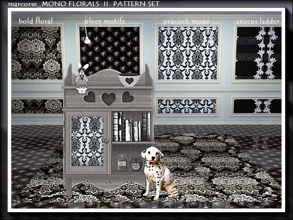 Sims 3 — marcorse_mono florals pattern set by marcorse — Four Fabric patterns in monochrome black and white