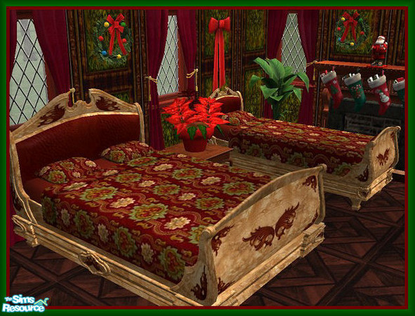 Sims 2 — Christmas Colors Bedding - 4 by galilea — A rich red, gold, and green brocade pattern for those elegant