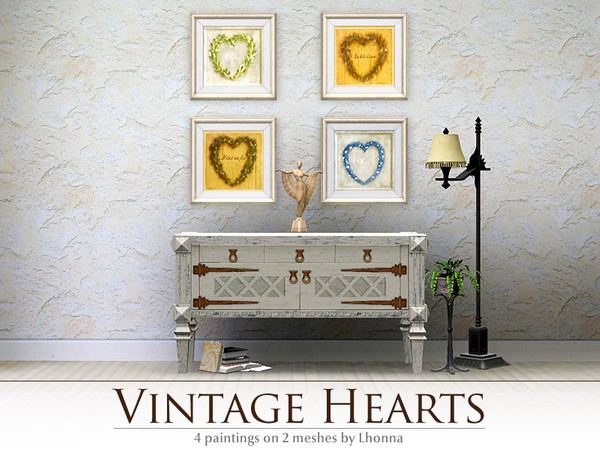 Sims 3 — Vintage Hearts by Lhonna — Set contains 4 paintings on 2 meshes. They looks great in shabby chic or traditional