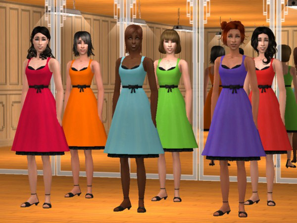 Sims 2 — Dress Recolors by Calia_M2 — Dress in blue, green, orange, pink, purple, and red.