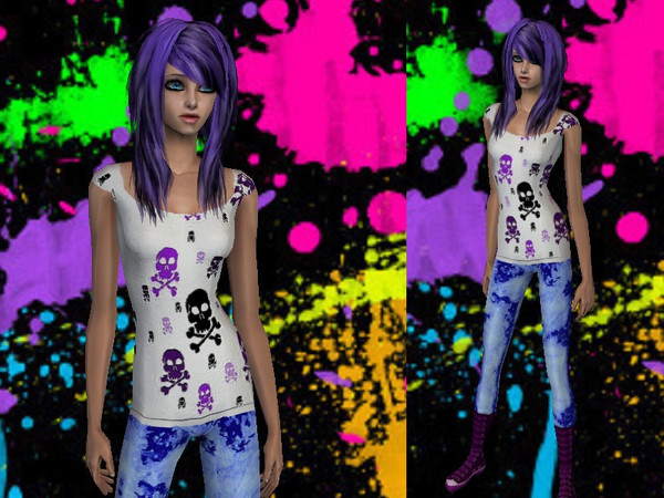 Sims 2 — Scene Outfit - Blue Tye-Dye by staceylynmay2 — Blue tye-dye jeans, Purple, white and black skull top with purple