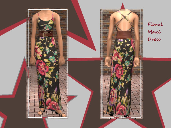 Sims 2 — Floral Maxi dress with belt by Kara_Croft — Recolor of a formal maxis dress. Bold floral print and chunky brown