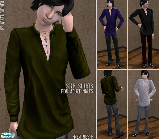 Sims 2 — Silk Shirt Ensembles for Adult Males by aikea_guinea — Set of silk shirts with bootcut pants in various colors