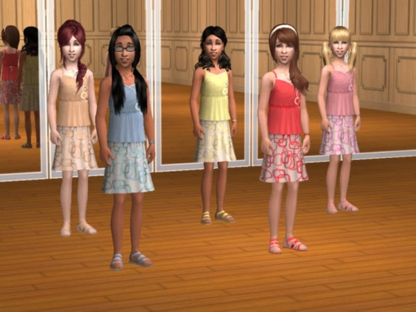 Sims 2 — Girls\' Dress Recolors by Calia_M2 — Girls\' Dress Recolors in blue, orange, pink, red, and yellow.